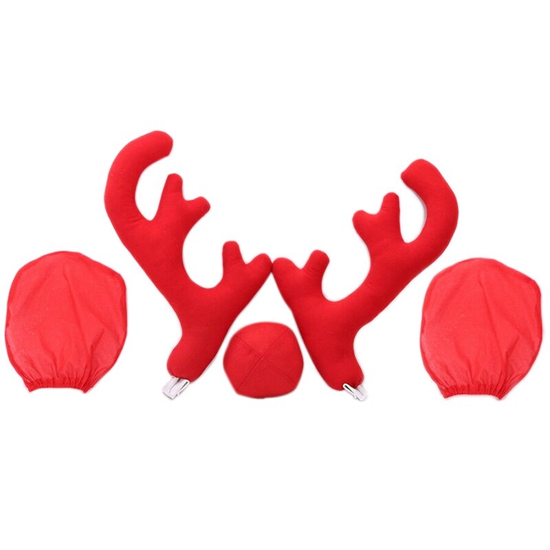 5Xuniversal Rode Pluche + Plastic Big Rendier Antler Neus & Achteruitkijkspiegel Cover Auto Kerst Decoratie Kit