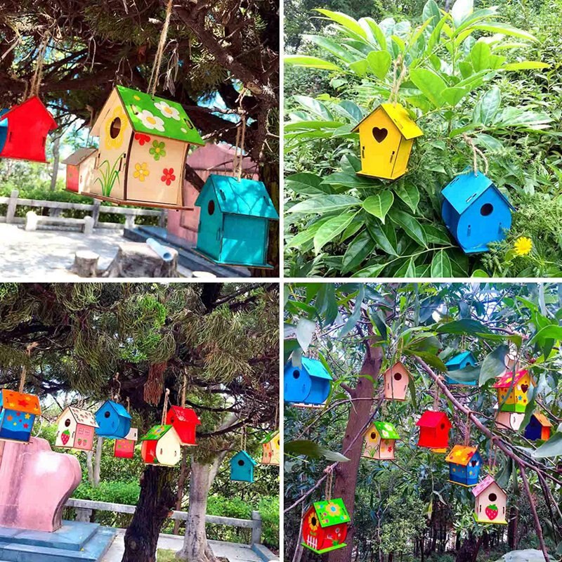 Children's Bird House Kit, 4 Pieces DIY Birdhouse for Painting Kit, Birdhouse Pigment Painting Unfinished Set