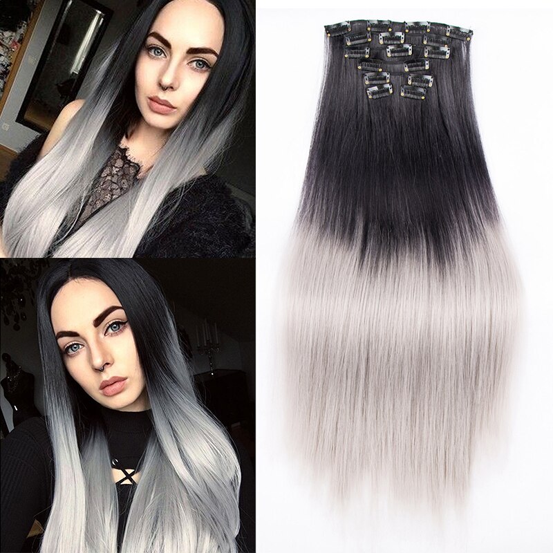 BEAUTY PROS Long ombre Straight Clip In Hair Extensions 16Clips Full Head Synthetic Hair Extension 22'' Available Heat Resistant: R2-0906