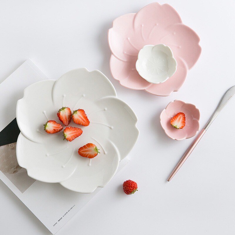 1pcs Ceramic Dinner Set Pink Kitchen Tableware Plates Flower Shape Chili Sauce Dish Plastic Plates-