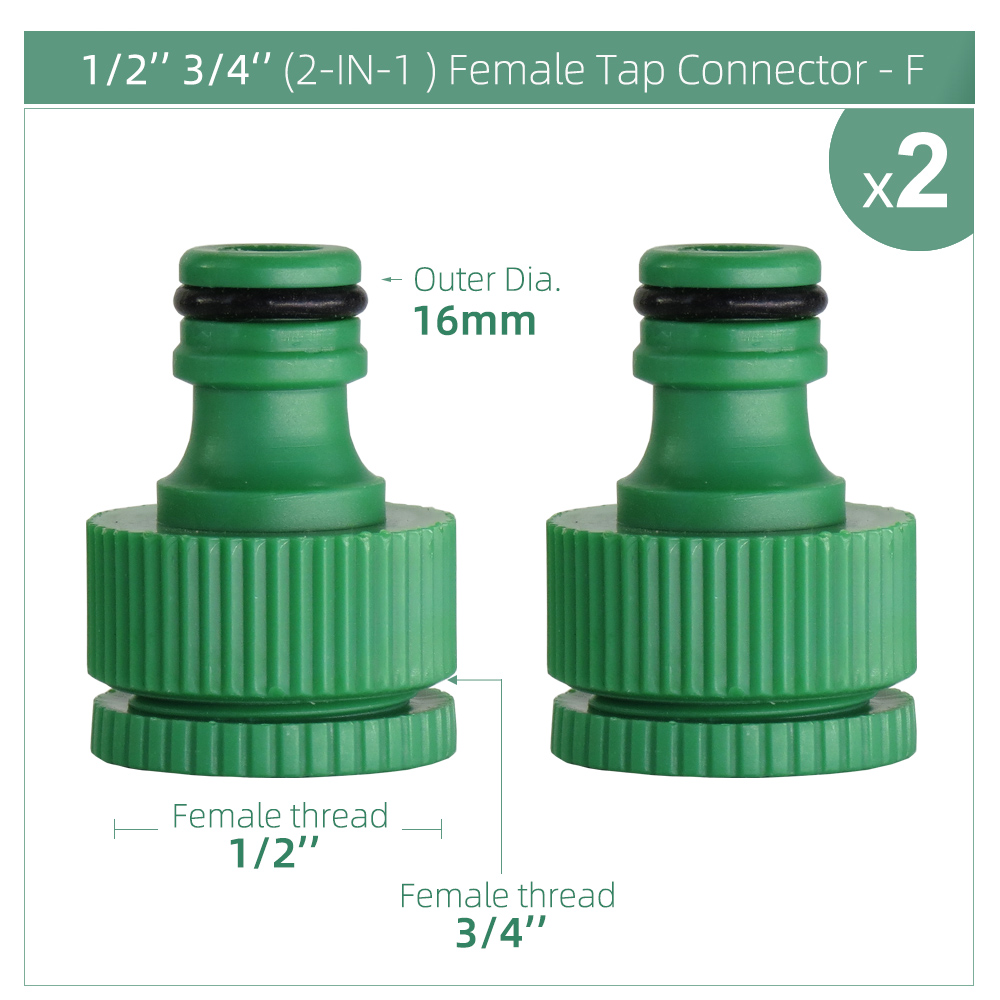 Conector rápido de grifo de manguera de jardín, adaptador de acoplamiento de 1/8, 1/4, 1/2 y 3/4 pulgadas, Unión de tubo de ajuste de riego para el hogar, 2 uds.: F