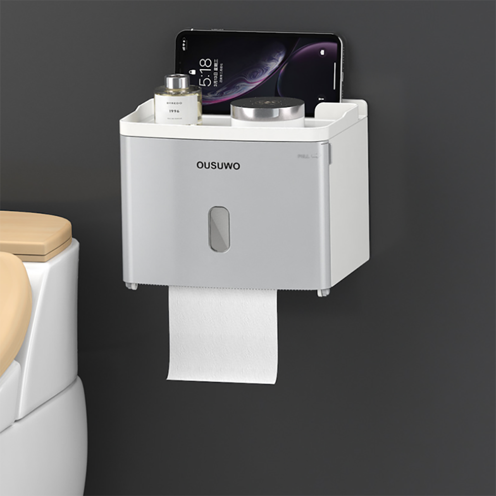 Bathroom roll holder wall-mounted toilet paper holder plastic dispenser multifunctional tissue box: Classic grey