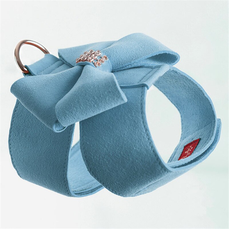Harnais en cuir suédé souple pour petit chien, pour chiot, Chihuahua Yorkie, mignon, avec nœud en laisse, strass rose: blue with leash / XL chest 45-55cm