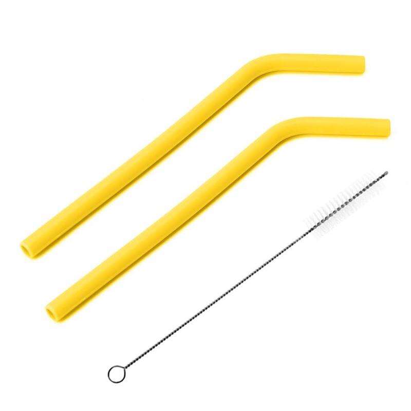 2Pcs/set Reusable Silicone Straws Food Grade Silicone Straws Drinking With Cleaning Brush Party Straws BPA Free: Yellow
