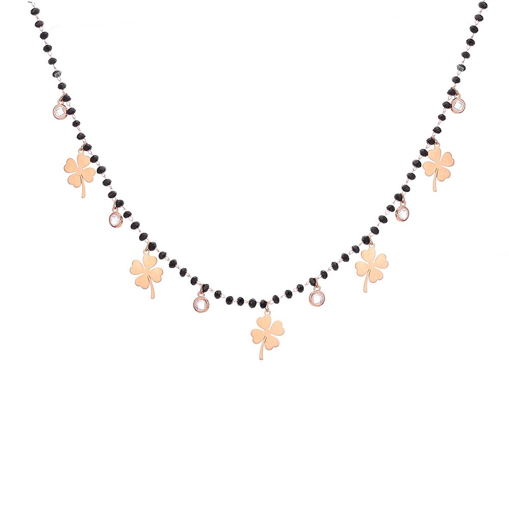 Colar de encantos de trevo de aço inoxidável, para mulheres, contas de cristal preto, corrente, colar, presente para amigo, jóias femininas, 2019, dropship: Rose Gold