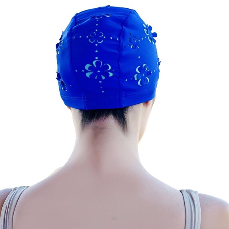 Mænd og kvinder gratis størrelse elastisk vandtæt pu svømmehætte stof beskytte ører langt hår sport svømme pool hat dykning svømningshætte