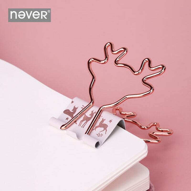 Aldrig jul sød hjort formet ringbindsklemme metal rosa guld papirclips dekorative kontor dekorative forsyninger papirvarer