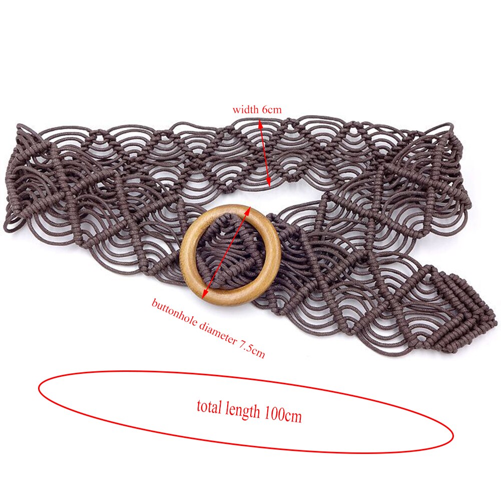 Hebilla de madera redonda trenzada a mano para mujer, Cinturón liso de Estilo bohemio, cuerda de cera, cinturón de punto, cinturones informales de color caqui para mujer,