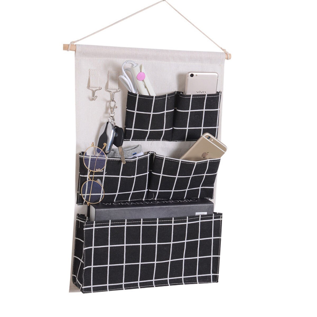 Plaid Hanging Bag Wall Closet Storage Bag with 5 Pockets and and 2 Hooks Bathroom Organizer