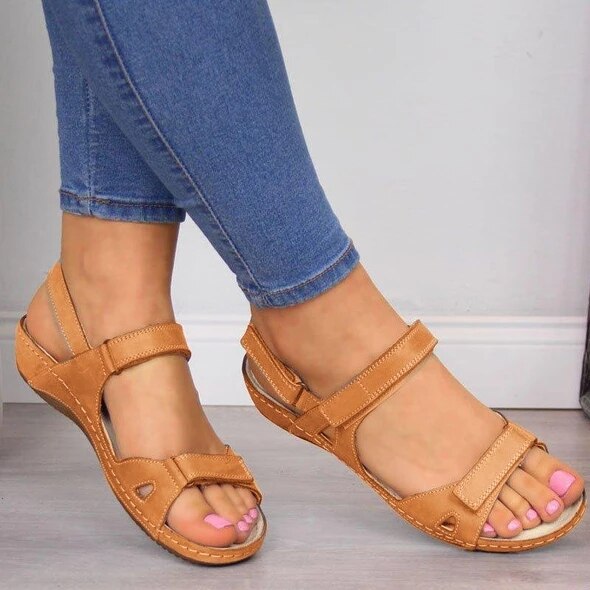Oeak Sandalias planas de verano Mujer señoras de de cuero plano sólido Peep Toe Sandalias Mujer de talla grande Sandalia femenina: 03 / 38