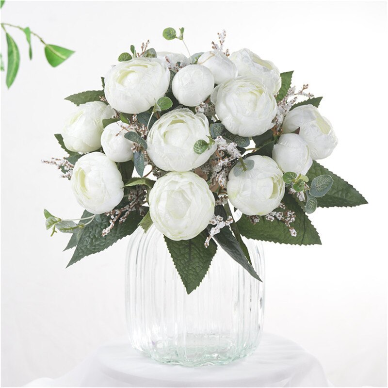 Kunstzijde Thee Rose Boeket Home Hotel Tafel Decoratie Nep Bloem Bruiloft Bruid Bedrijf Bloemen Boeket: 29cm white