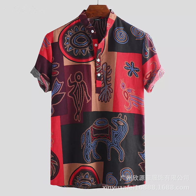 Summer Men‘s Beach Shirt Vintage Print Short Sleeve Lapel Neck Button Leisure Hawaiian Shirts Men Streetwear S-4XL: Red / L