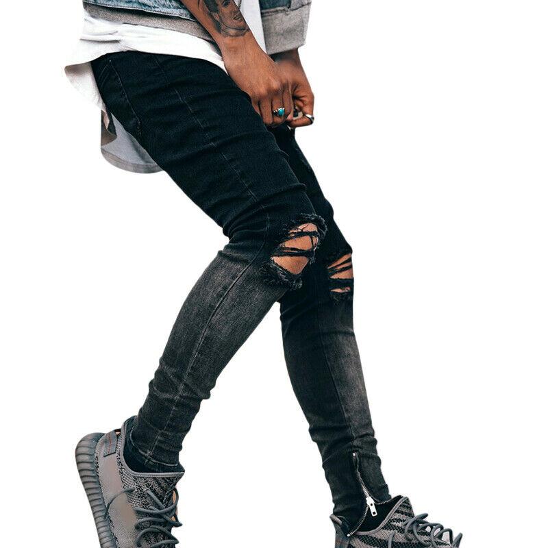 Vicabo herrebukser stretch lange jeans plus størrelse 3xl sorte herre gradient bukser med revet hul herre blå denimbukser: Sort / Xl