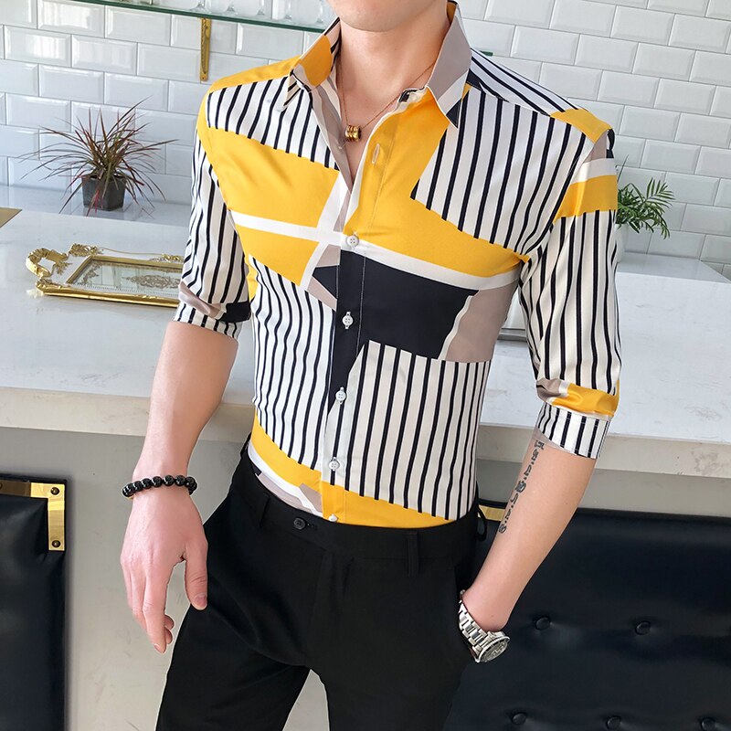 Forår sommer halværmet skjorte herre streetwear all match slim fit herre stribede skjorter club casual bluse herre 3xl: Gul / Asiatiske 3xl 75-80kg