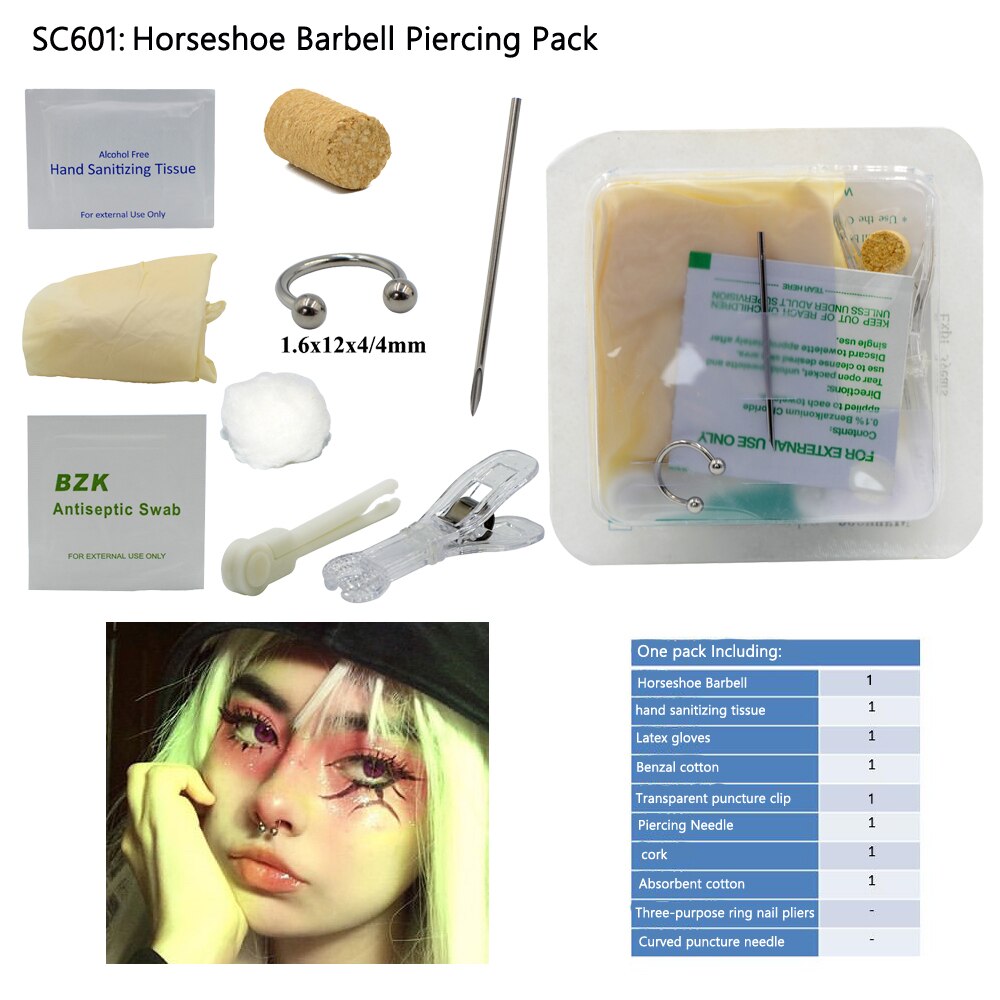 Kit de perçage de corps jetable Kit de perçage stérile médical pour oreille nez mamelon ventre nombril Septum Piercing outil Machine Kit: SC601 Horshoe Ring