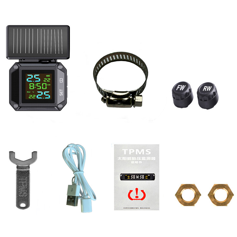 Draadloze Motorfiets Bandenspanning Alarm Lcd Display Solar Usb Charge 2 Externe Sensoren Tpms Tyre Temperatuur Monitoring Systeem