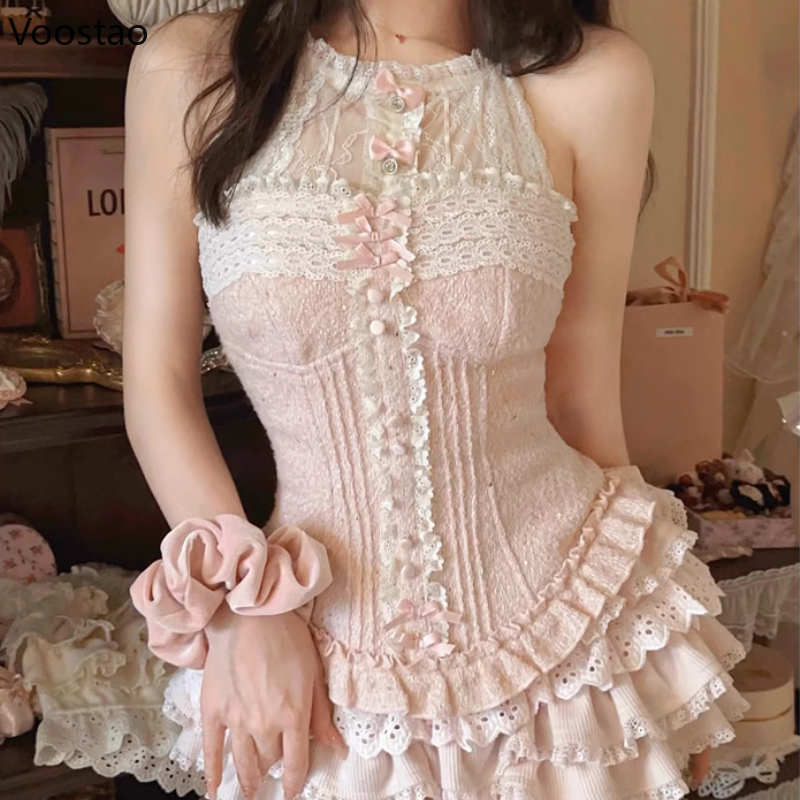 Sweet Lolita Style Princess 2 Piece Sets Women Lace Bow Sleeveless Slim Tops Mini Cake Skirt Suits Female Kawaii Outfits