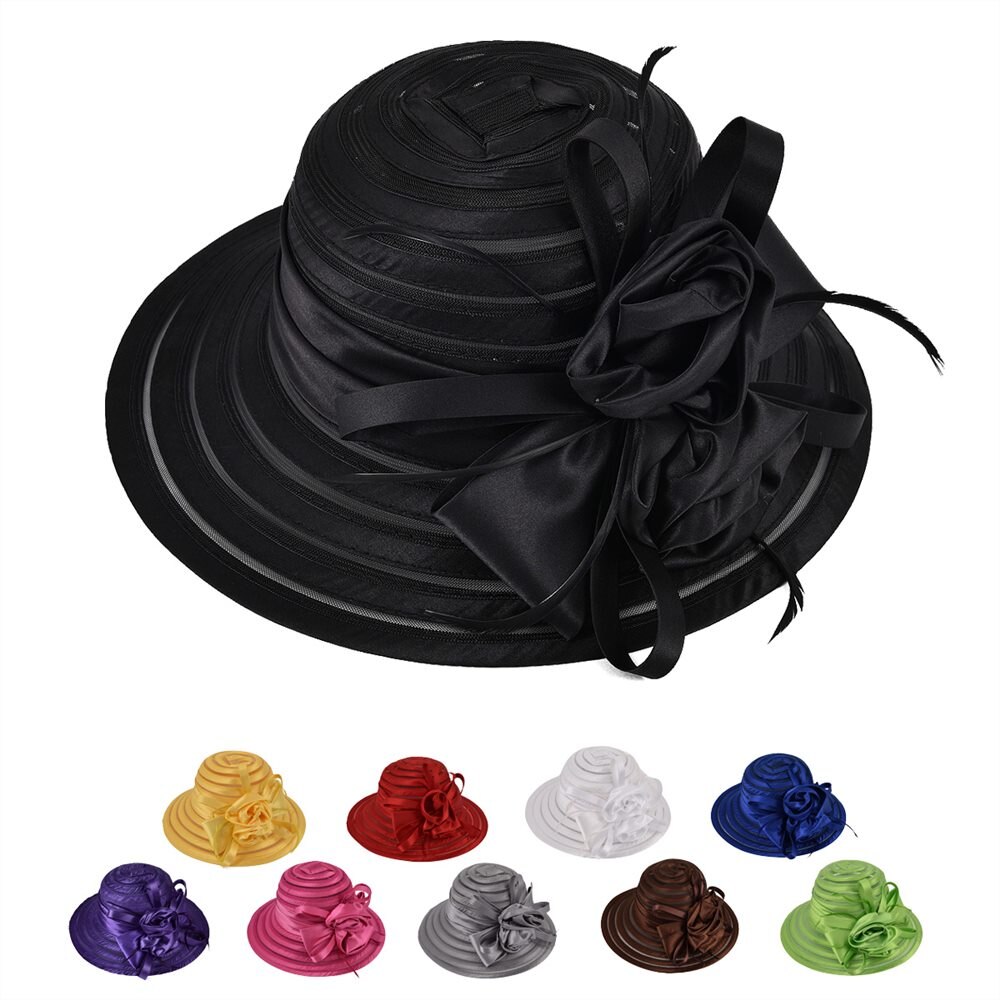 VOBOOM Organza été chapeau femmes vert large bord Protection solaire mariage église mer plage chapeaux rayure dames chapeau arc fleur 001
