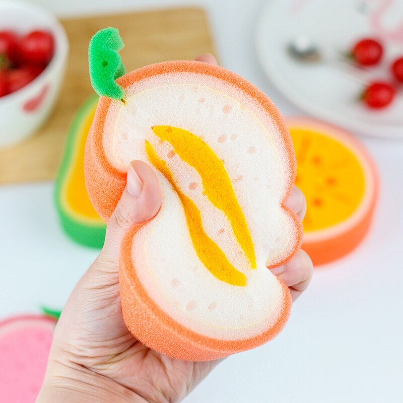 2Pcs Fruit Shape Cleaning Sponges Strawberry Hami Melon Sweet Orange Sponge Dishcloth Thickened Fruit Shape Sponge Dishcloth