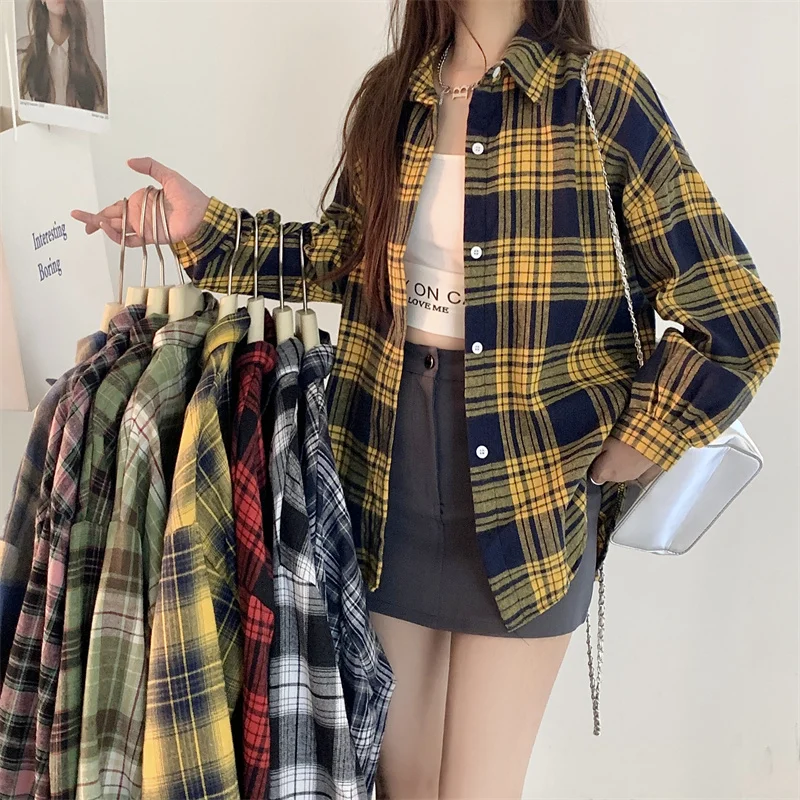 Camisa de flanela preta para mulheres, manga comprida, gola, botão, camisa xadrez tartan, jaqueta, adolescente, roupa casual diária