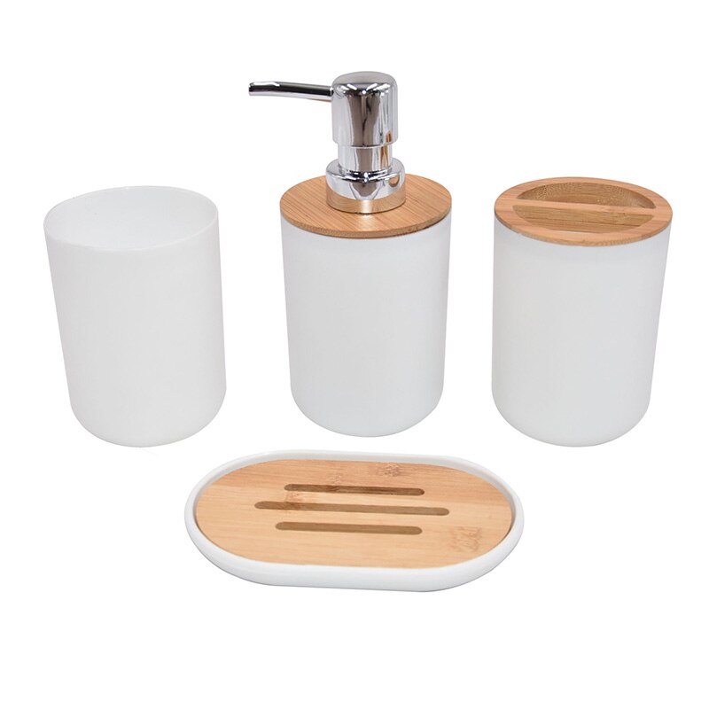 Bamboe Badkamer Accessoires Set Plastic Badkamer Kit Zeep Dispenser, Tandenborstel Beker, Zeepbakje, Toiletborstel Houder, prullenbak: White 4pcs A