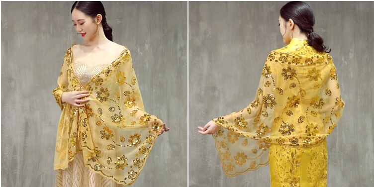 Kvinder cheongsam rød guldblå aftenomslag sjal paljetter blonder wrap med lang kvast formel bryllupsfest damer bolero