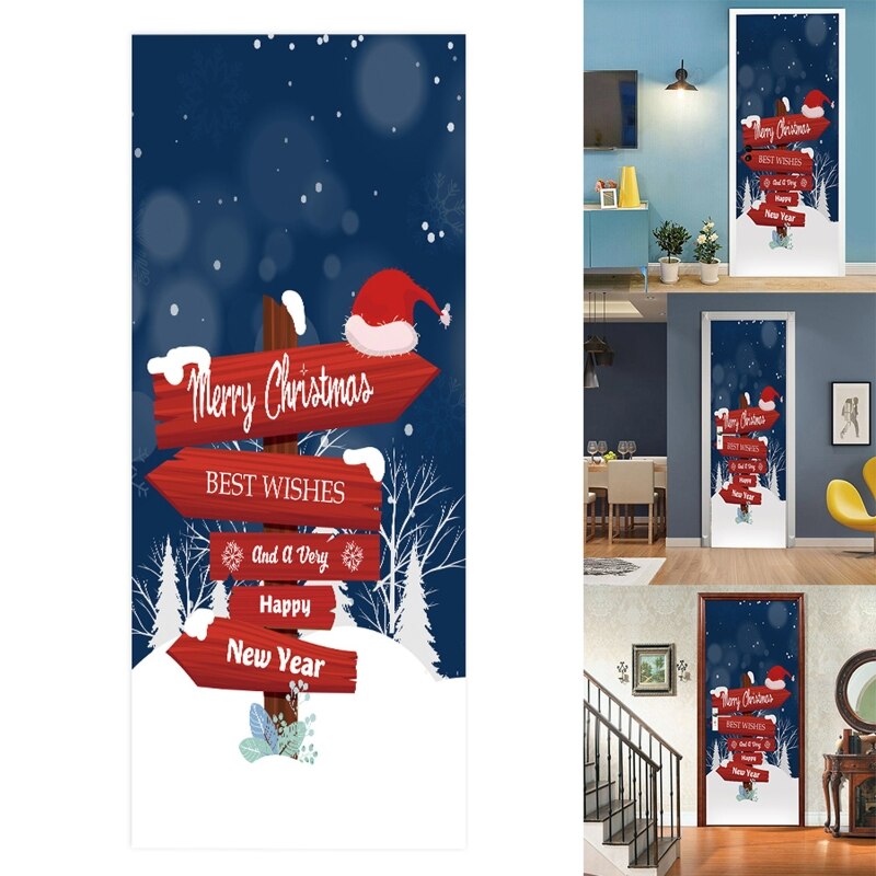 2pcs/set 3D Merry Christmas Sign Decorative Door Sticker Waterproof Self Adhesive Wallpaper Wall Mural Decal