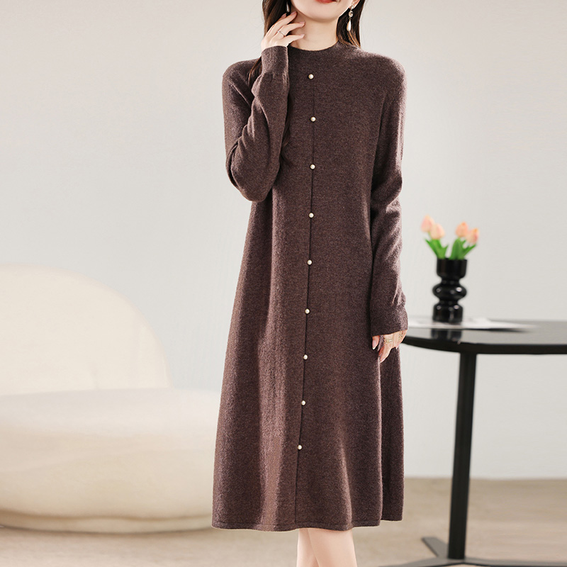 Herbst und Winter Damen kleid 100% Merinowolle Rundhals ausschnitt Langrock Perlen knopf Strick zur Seite fahren Kleid Damen kleid