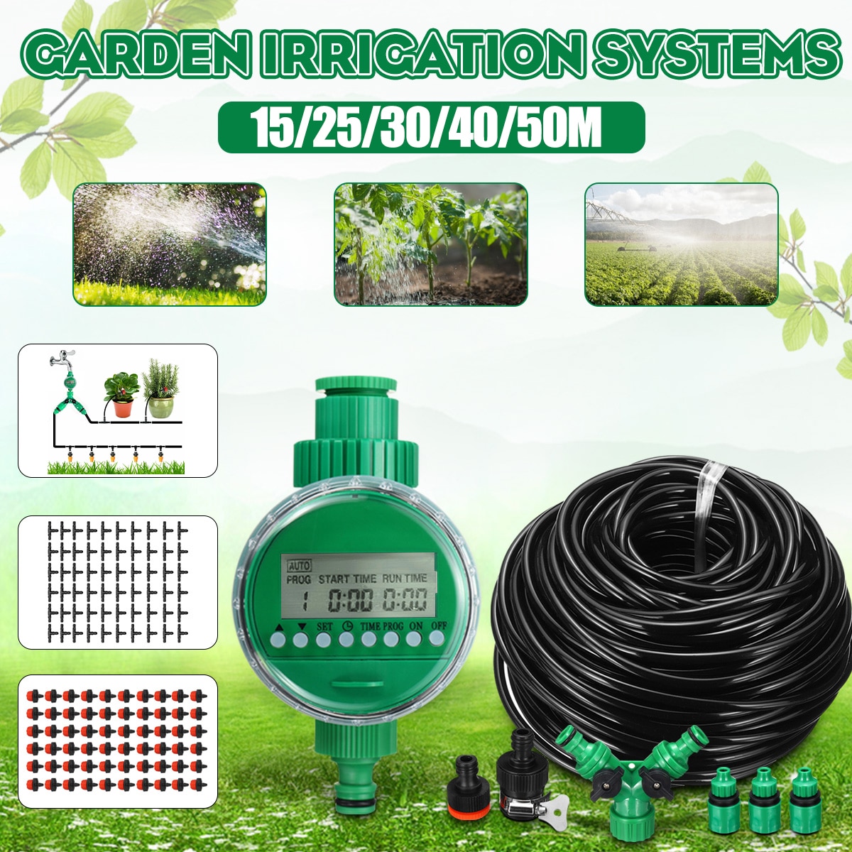 Automatic Watering Timer Irrigation System 15/25/30/40/50m Hose Greenhouse Plant Kit for Flowers Plants Bonsai Intelligent Care