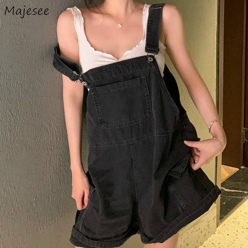 Rompers Women Plus Size 3XL Black Denim Loose BF Streetwear Wide-leg Preppy Students Casual Chic Summer Playsuits