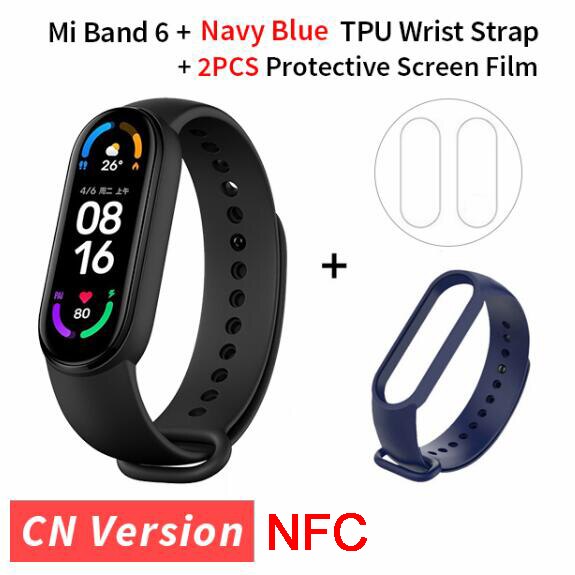 Xiaomi Mi Band 6 NFC inteligentna bransoletka 1.56 &quot;ekran AMOLED 5 kolorów tlen krwi tętno Fitness Tracker wodoodporny Miband6: navyblue strap film