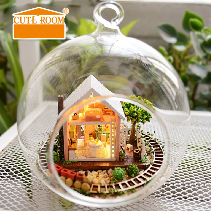 Diy poppenhuis miniatuur poppenhuis met meubels glazen bol huis voor poppen model casa verjaardag speelgoed voor kinderen  b006 # e: B008