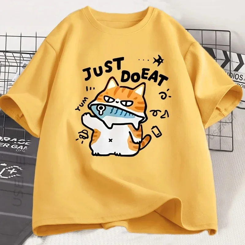 Engraçado gato comer peixe camiseta para mulheres verão topos camisetas o pescoço roupas femininas streetwear manga curta t camisa