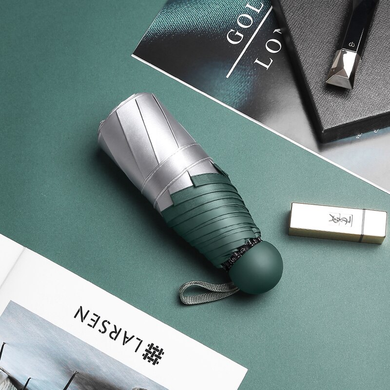 Mini Pocket Titanium Silver Glue 5 Fold 8 Ribs Umbrella Sun Protection Rain Windproof Folding Umbrellas For Woman Man: Forest green