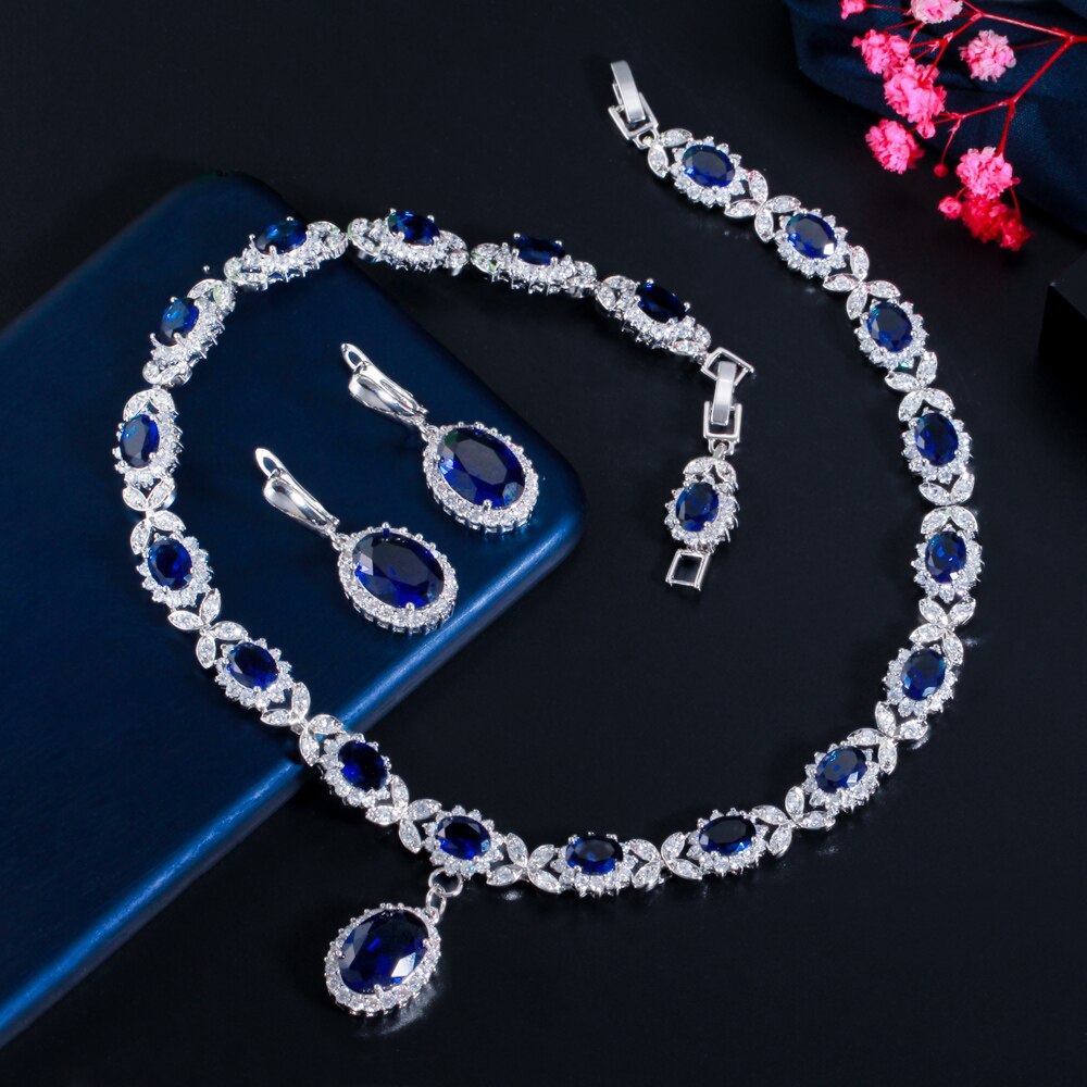 CWWZircons – collier en feuille de zircone cubique, couleur or blanc, bleu goutte, grand Costume de mariage pour femmes, ensemble de bijoux pour mariées, T523