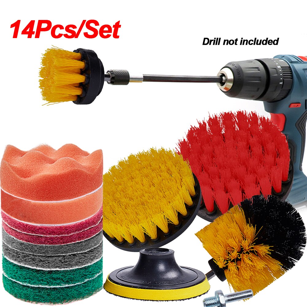 Cepillos de taladro para limpieza de llanta de rueda de coche, esponja de pulido, herramientas de lavado de coche para baño, bañera y cocina: 14Pcs