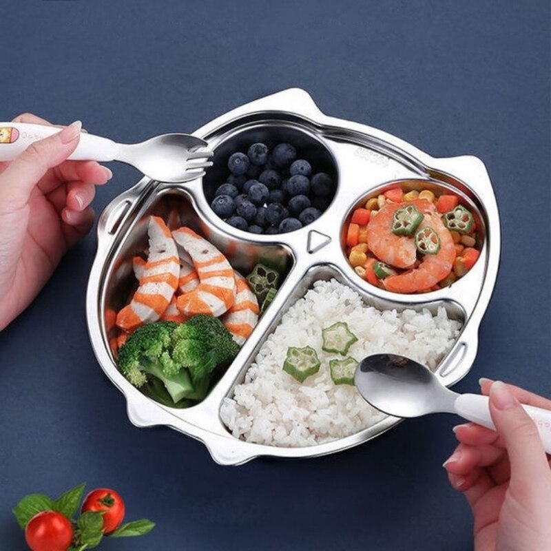 Stainless Steel Divided Plate Cute Cartoon Dinner Tray Lunch Container Kids Toddlers Babies Serving Platter for School Canteen