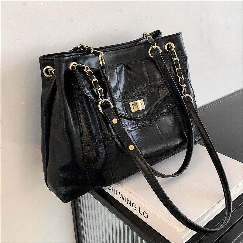 Vrouwen Schoudertas Grote Capaciteit Eenvoudige Handtas Lock Front Flap Vrouwelijke Tas: Black