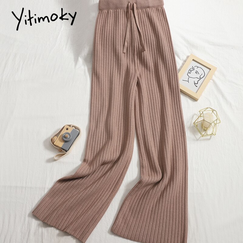 Yitimoky Knitted Wide Leg Pants for Women Streetwear Clothes Joggers Baggies Drawstring Sweatpants Work Bottoms Pants Ulzzang