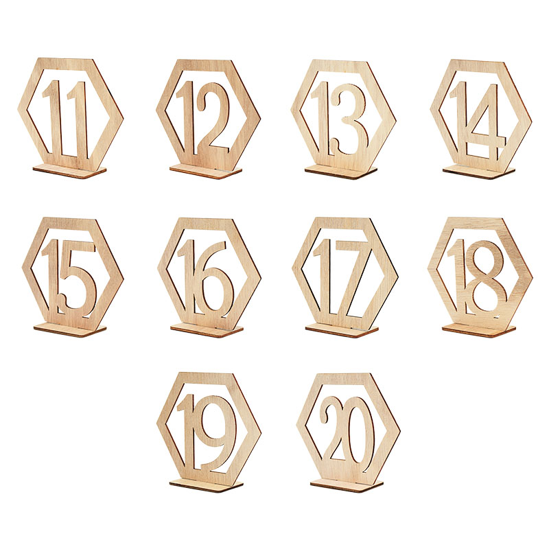 Letrero de madera con número para mesa, soporte hexagonal para tarjeta, boda rústica, compromiso, suministros de decoración para eventos y fiestas, 10 piezas: Number11-20