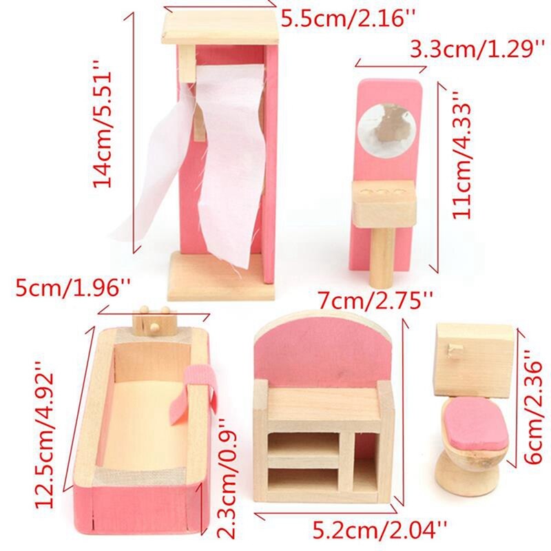 Kid Wooden Furniture Dolls House Miniature 5 Room Set Bedroom/Kitchen/Bathroom/Dinning/Living Room HBB