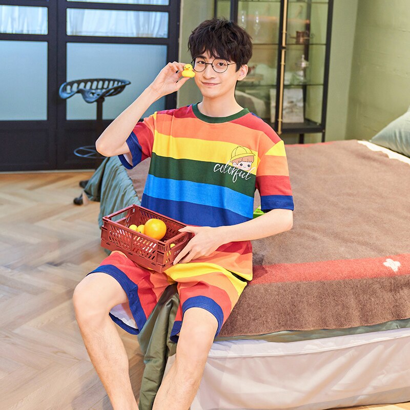 Color Striped Men's Pajamas Set Cotton Sleepwear Shorts Summer Short-sleeved T-shirt Casual Men's Home Wear Suit PJS Pyjamas