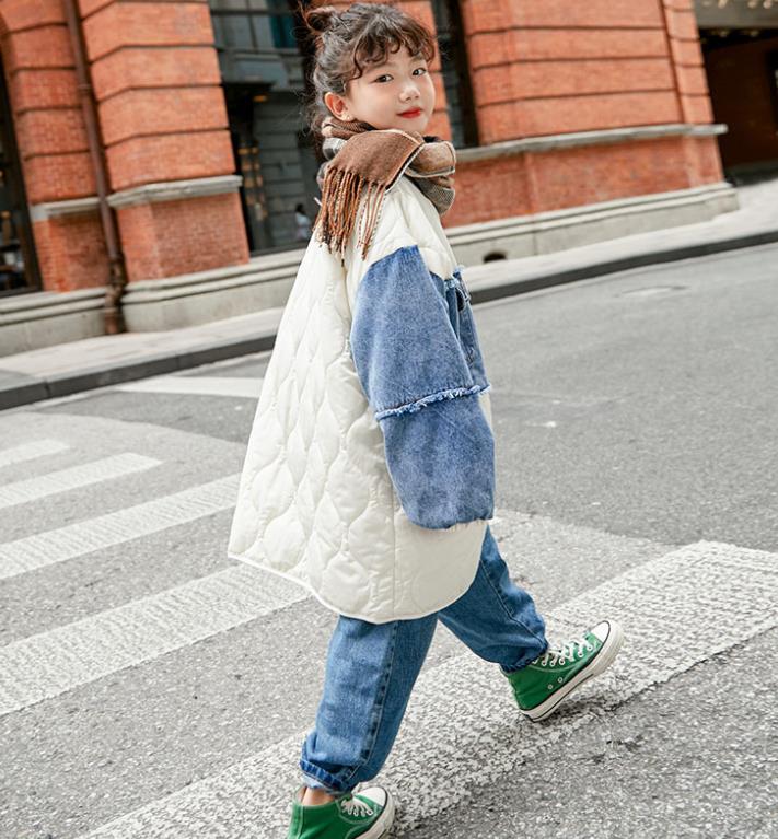 Baby Meisje Denim Patchwork Katoen Jassen Kinderen Herfst Winter Dunne Lange Outfit Tiener Warme Katoenen Jas Korea Stijl Wz492