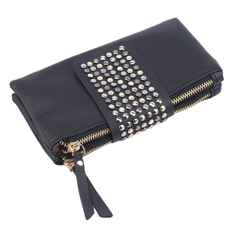 Women's Clutch Bag European And American Studded Black PU Soft Leather Mid-length Ladies Dinner With Double Zip Wallet