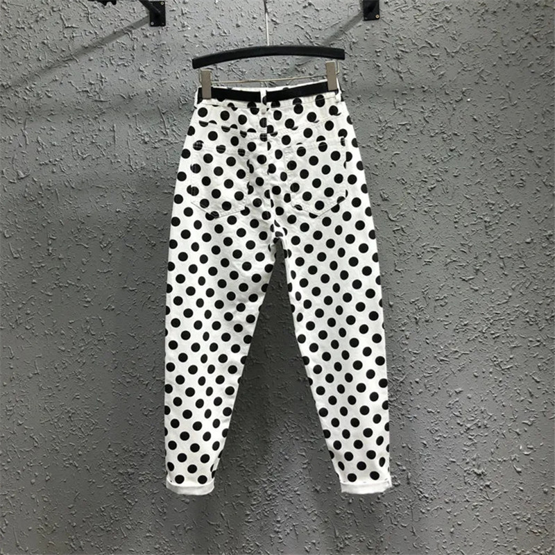 Streetwear Polka Dot Print Denim Nine Points Pants Women Summer Baggy Jeans Woman High Waist Harlan Pants Female Korean