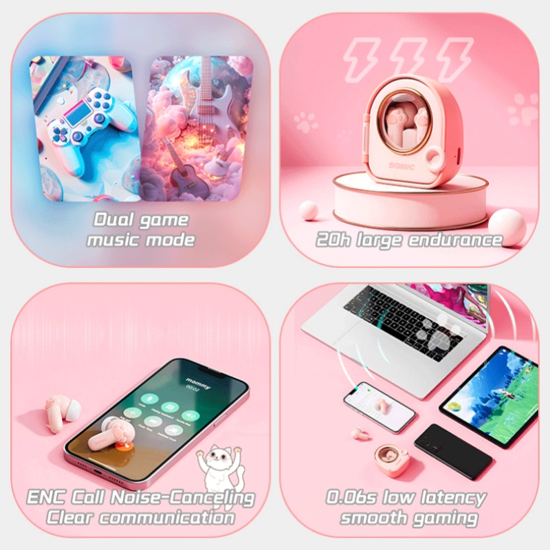 C10 In Ear Bluetooth Earphones Pink Cute Cat Claw Noise Reduction Super Good Sound Stereo Sound Effect For Girl