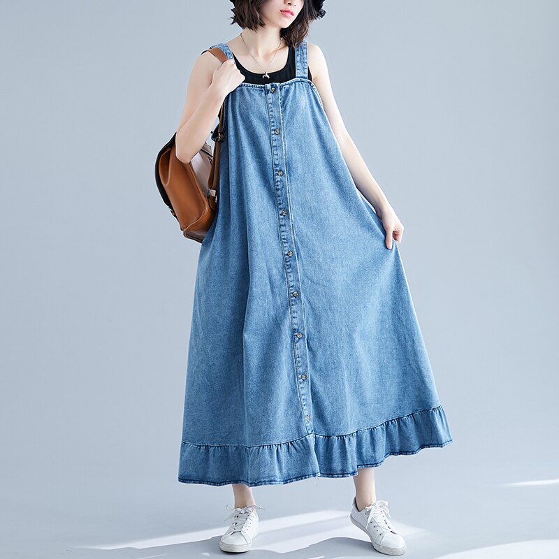 Superaen Koreaanse Lange Denim Jurken Voor Vrouwen Dames Ruches Casual Mouwloze Zomer Blauwe Lange Maxi Jurk: M