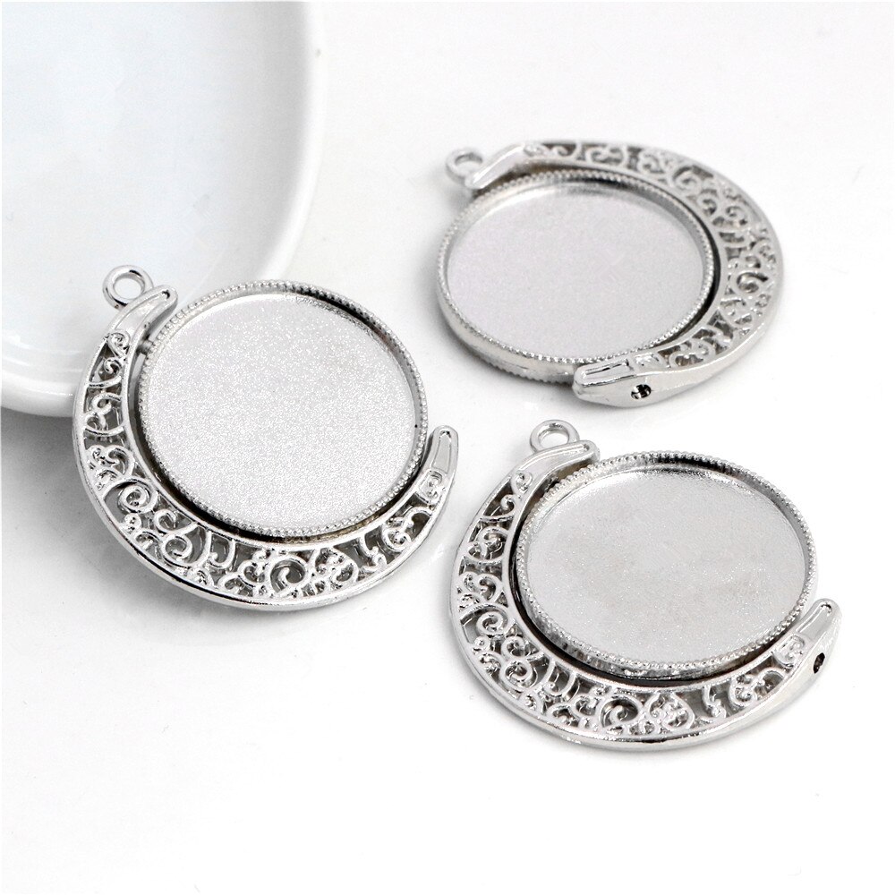5pcs 18mm 25mm Inner Size Moon Rotation Double Side Antique Silver Plated 7 Colors Cameo Cabochon Base Setting Charms Pendant: Rhodium / Inner Size 25mm