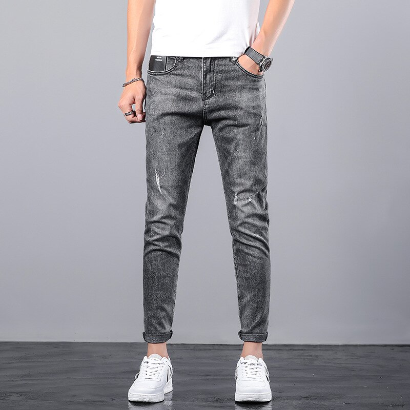 Men's Stretch Regular Harajuku Fit Jeans Black gray Casual Classic Style Denim Trousers thin Male Nine points Pants: 31