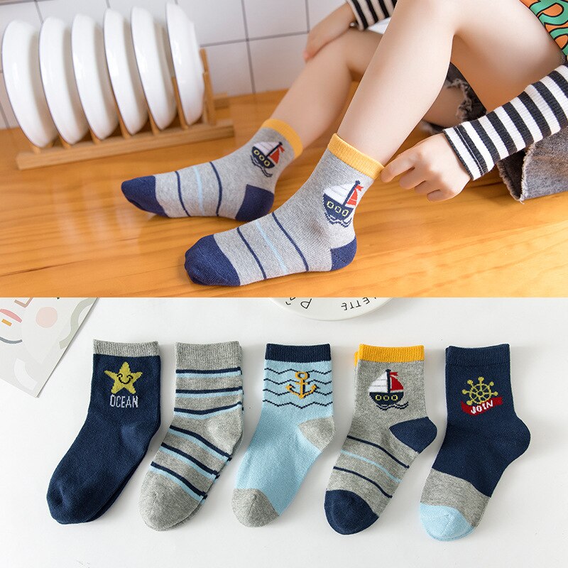 Balleenshiny 5Pairs Kinderen Sokken Cartoon Jongens Meisjes Tube Sokken Baby Katoenen Sokken Baby Peuter Vloer Sok Baby Accessoires: T4 / for 5-8Y